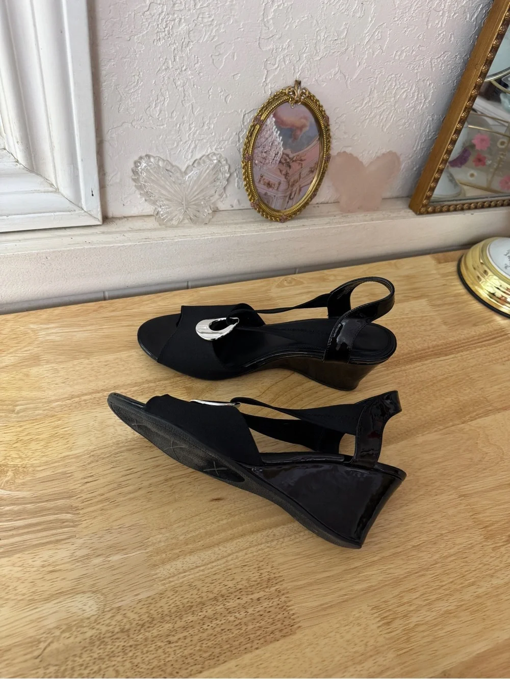 IMPO Black Stretch Slingback Wedge Sandals Size 10 Y2K Peep Toe Comfort Heels